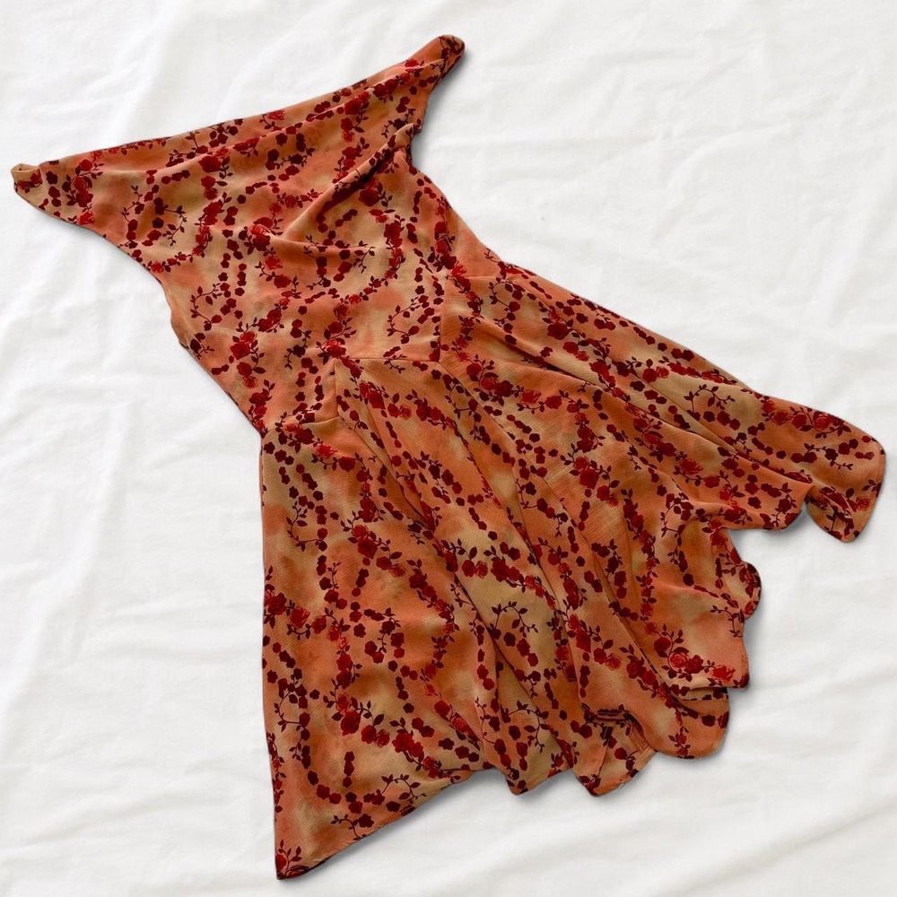 Silence + Noise Y2K Peach Burgundy Rose Mesh Halter Scarf Mini Dress XS